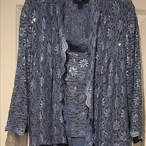 Alex Evenings 2 piece dress. Blue w/sequin jacket/top. Satin skirt. Elegant.